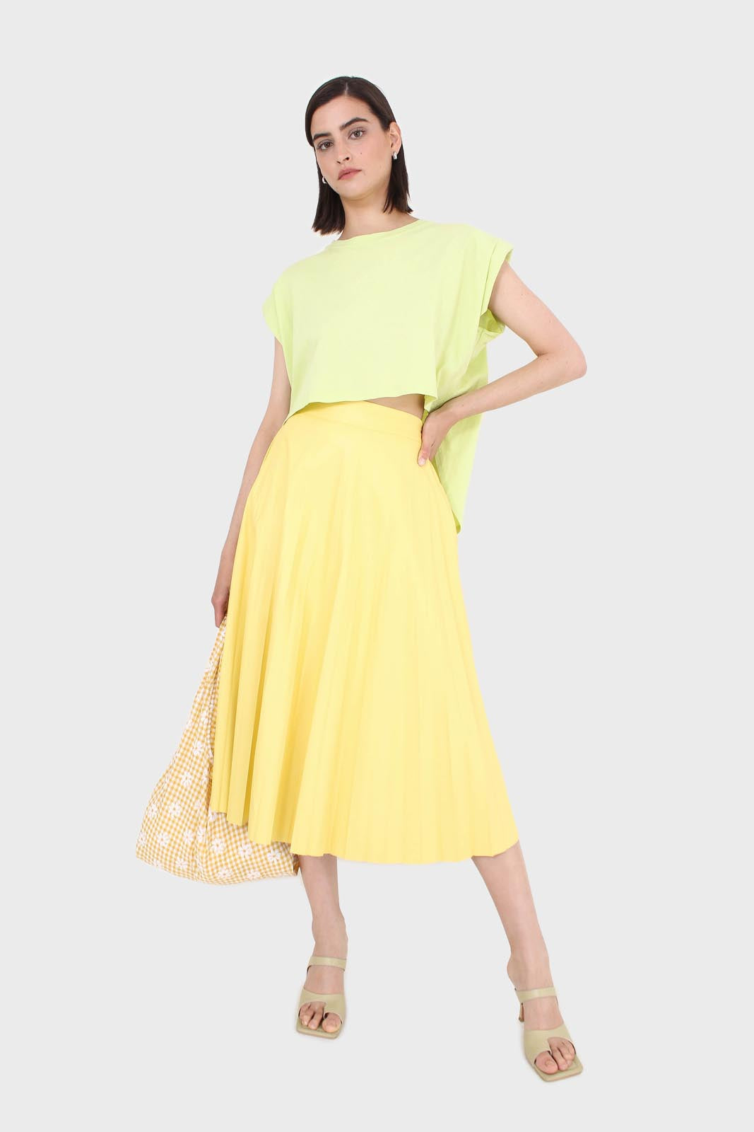 Yellow vegan leather pleated midi skirt