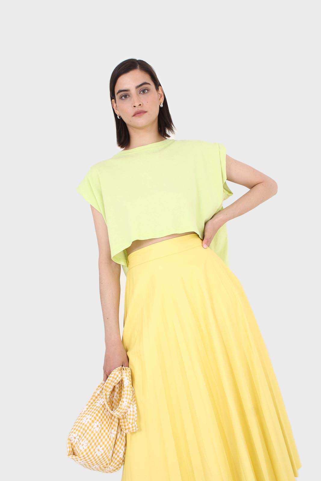 Yellow vegan leather pleated midi skirt