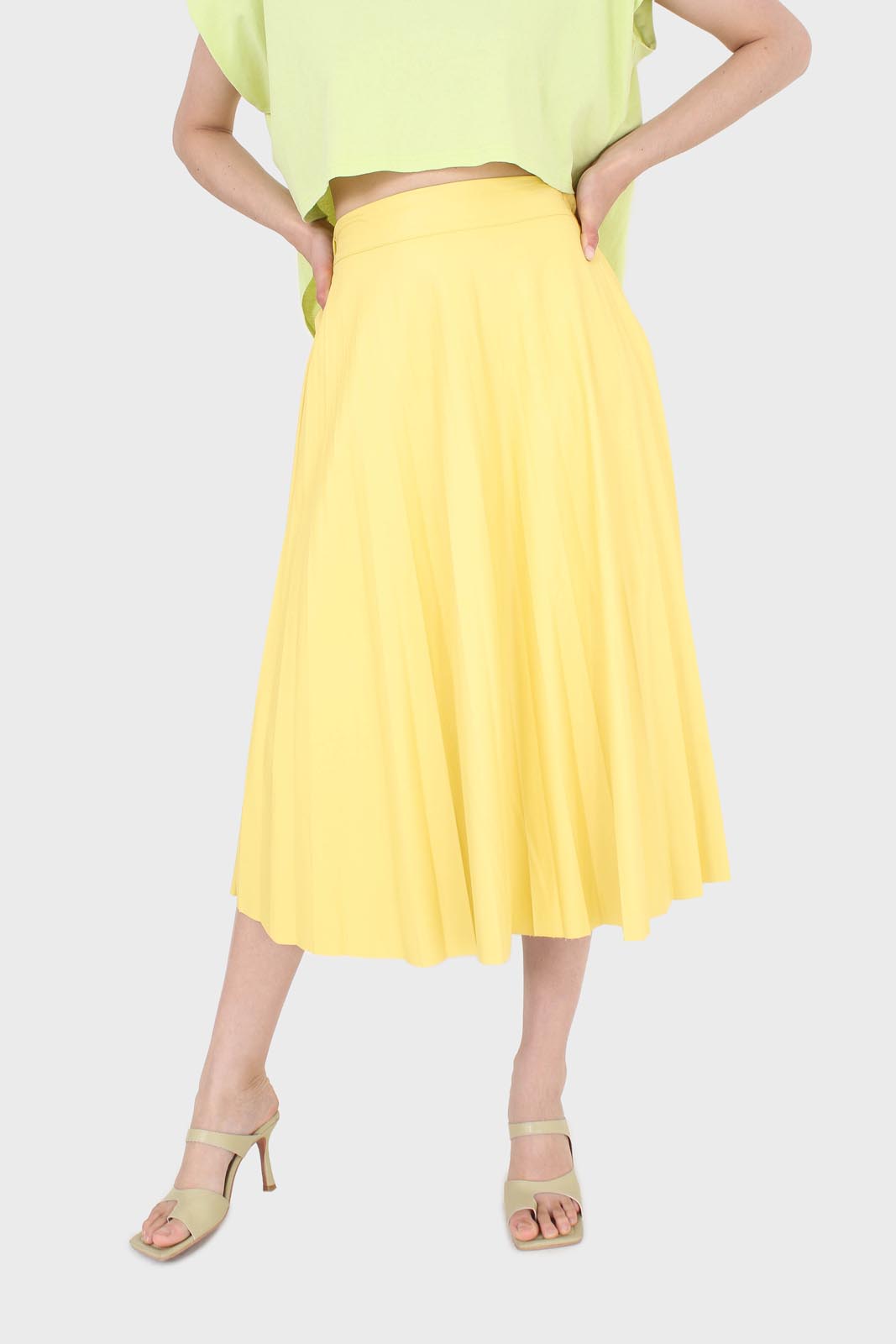 Yellow vegan leather pleated midi skirt