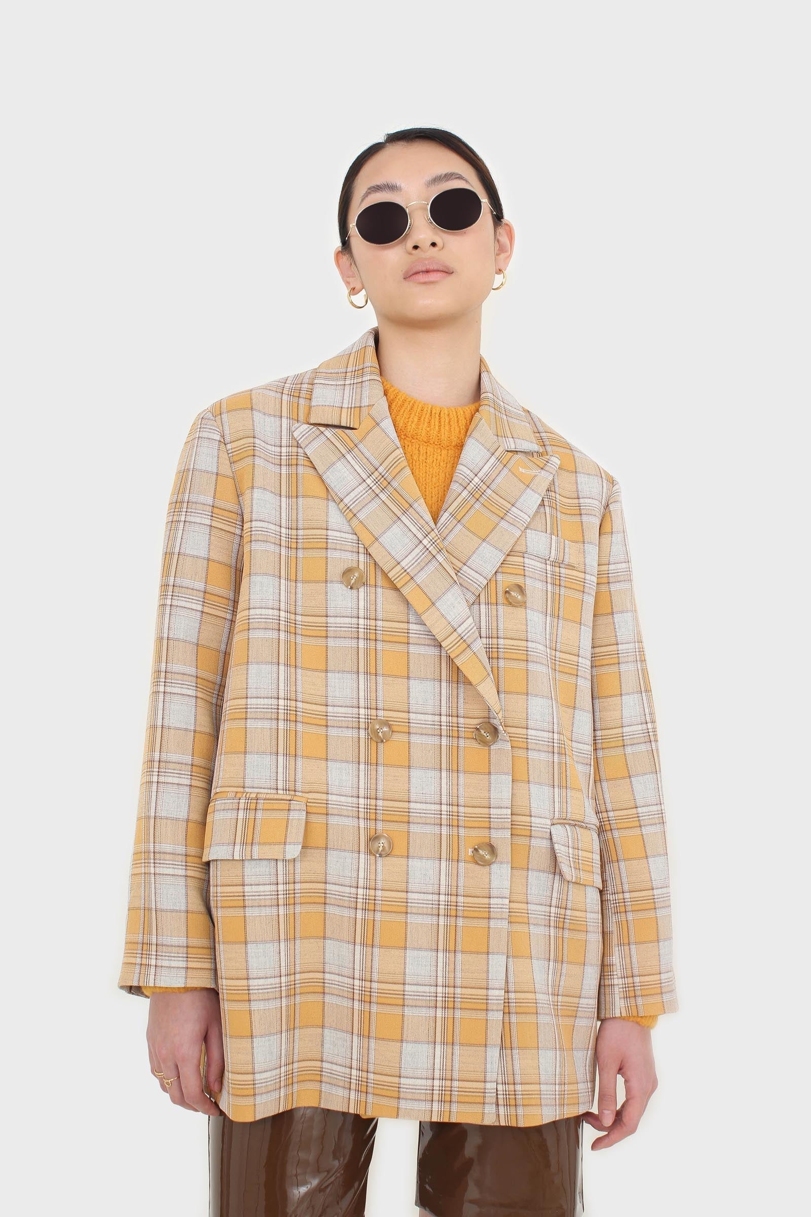 Orange and yellow checked oversized blazer