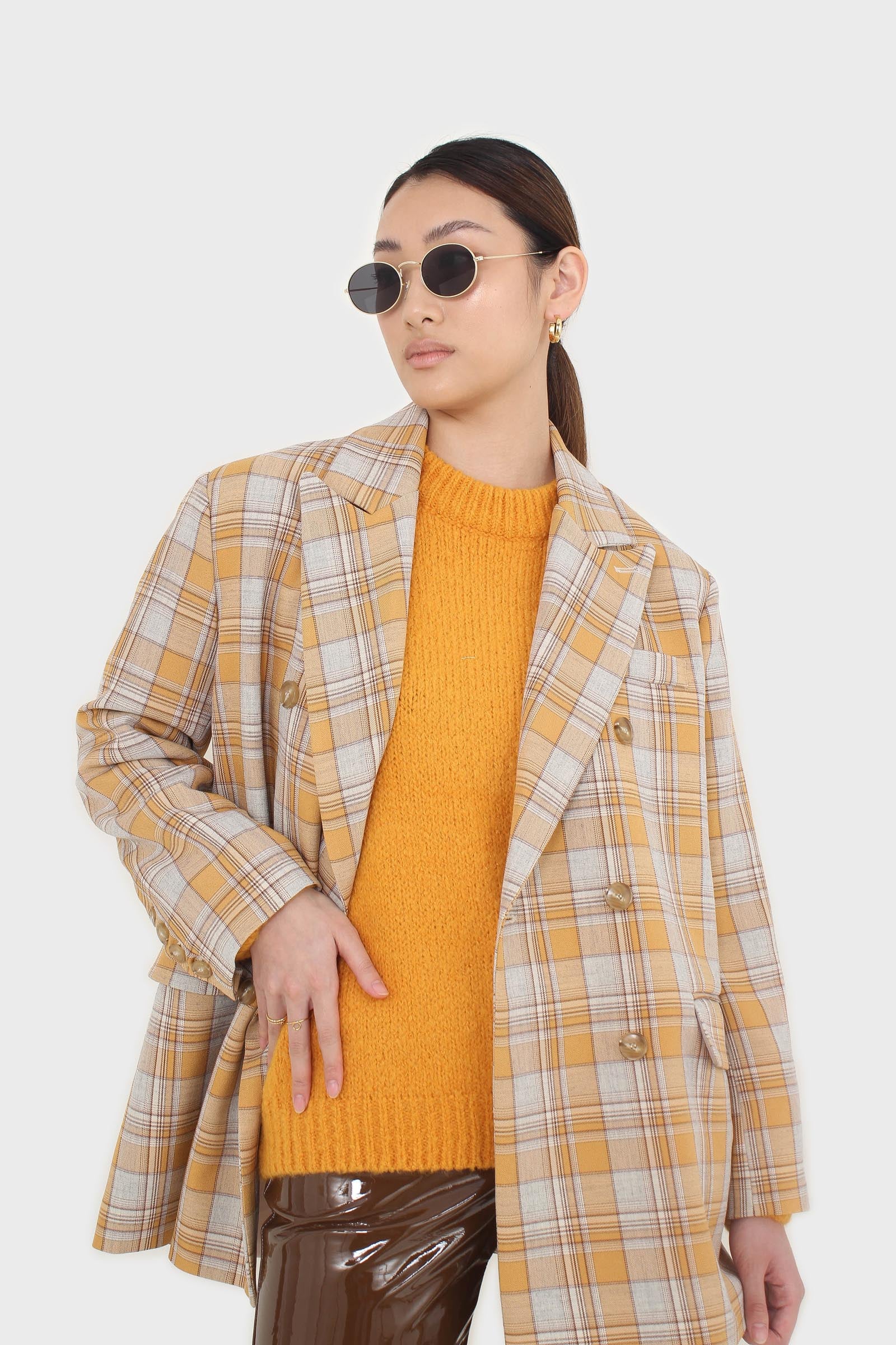 Orange and yellow checked oversized blazer