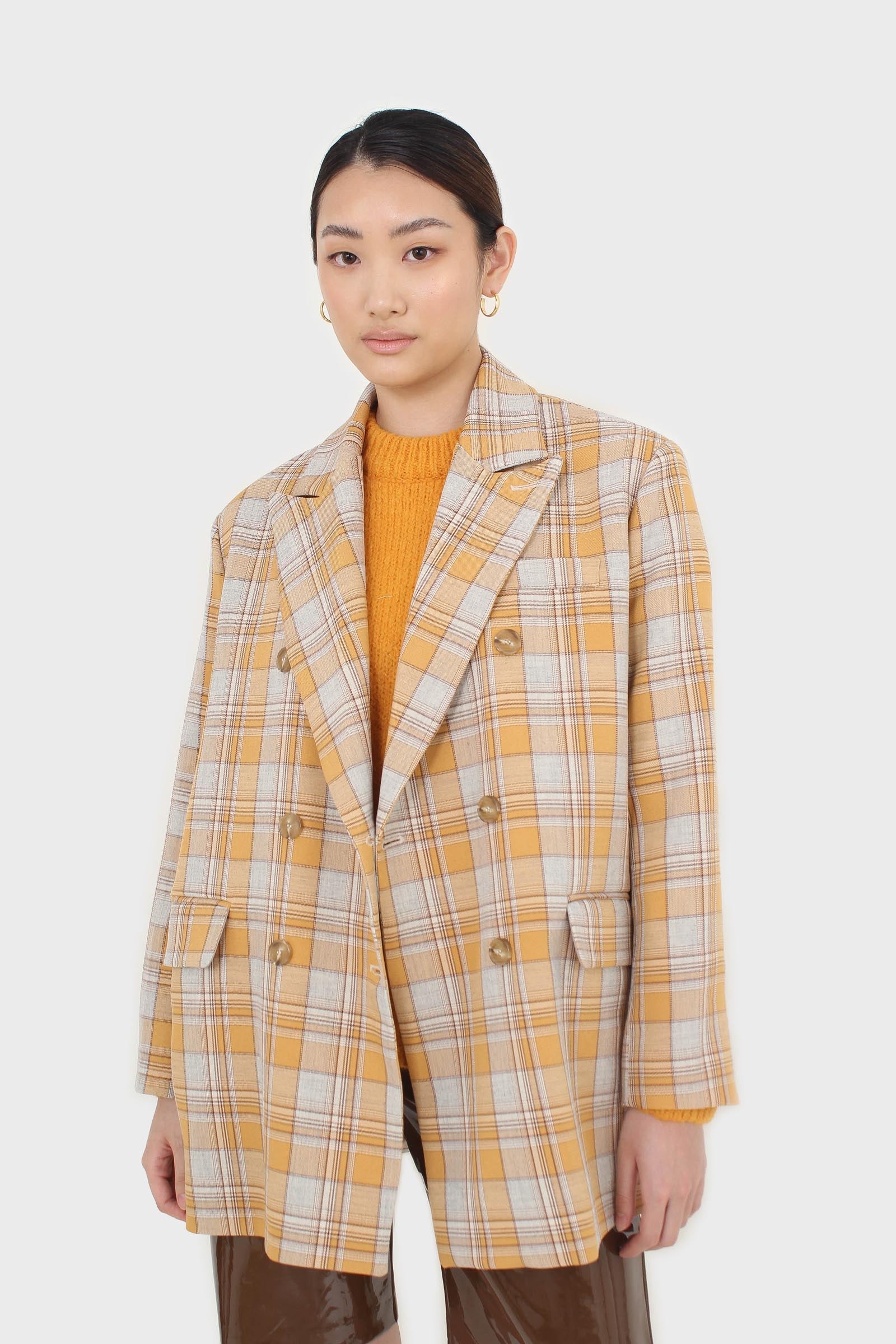 Orange and yellow checked oversized blazer