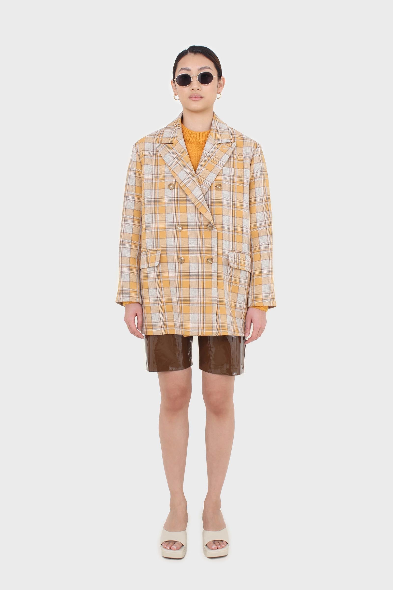 Orange and yellow checked oversized blazer