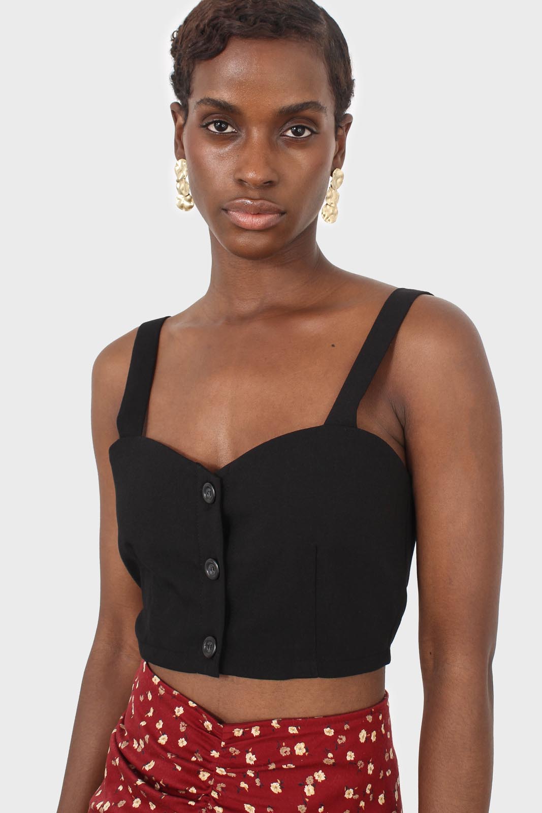 Black button front bra top