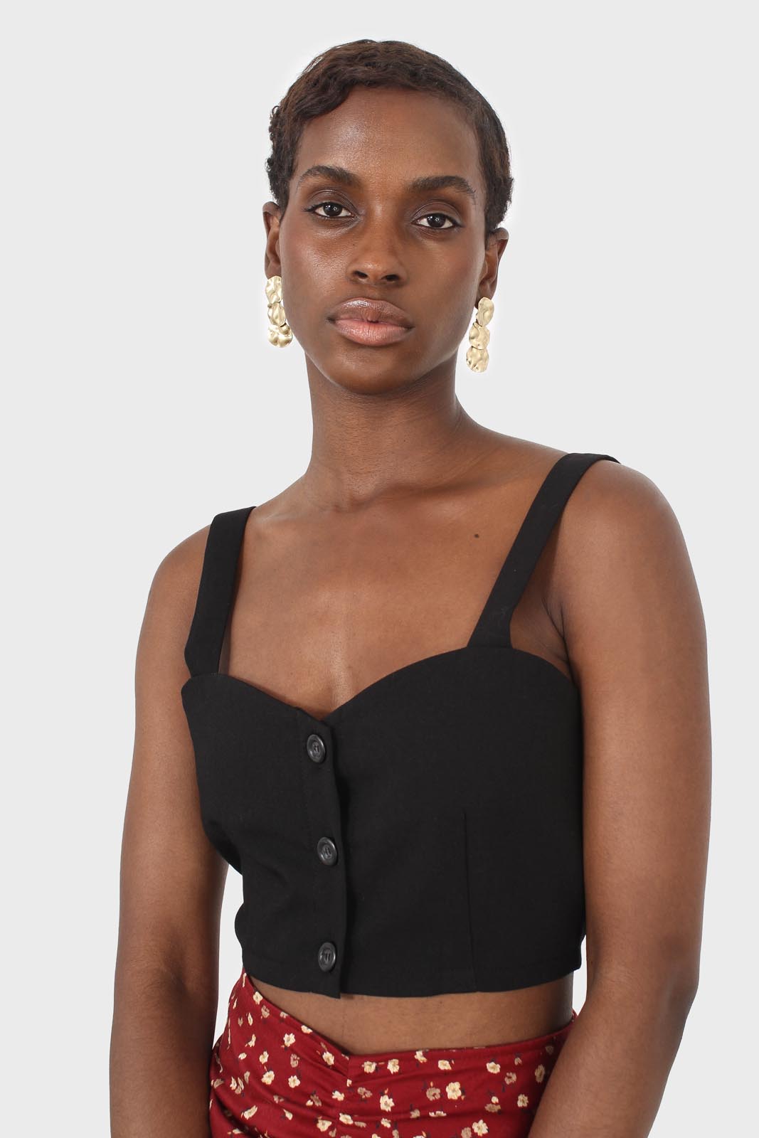 Black button front bra top