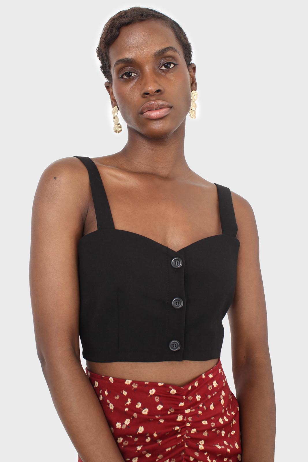 Black button front bra top