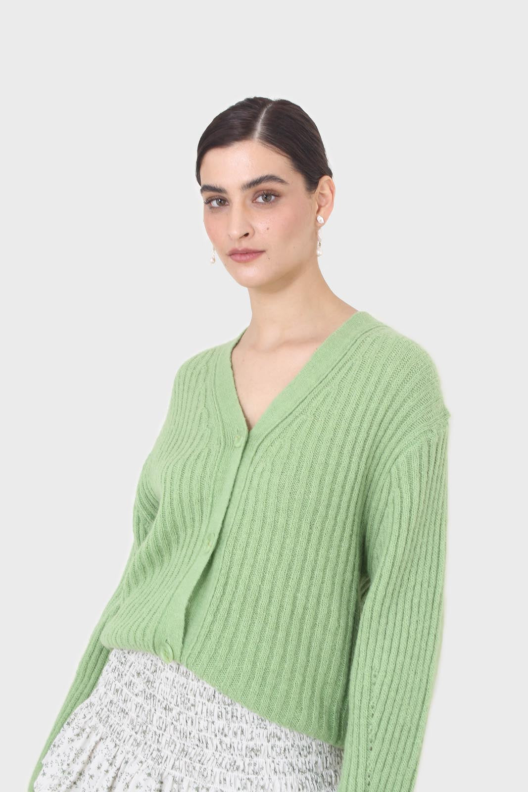 Green ribbed alpaca blend cardigan