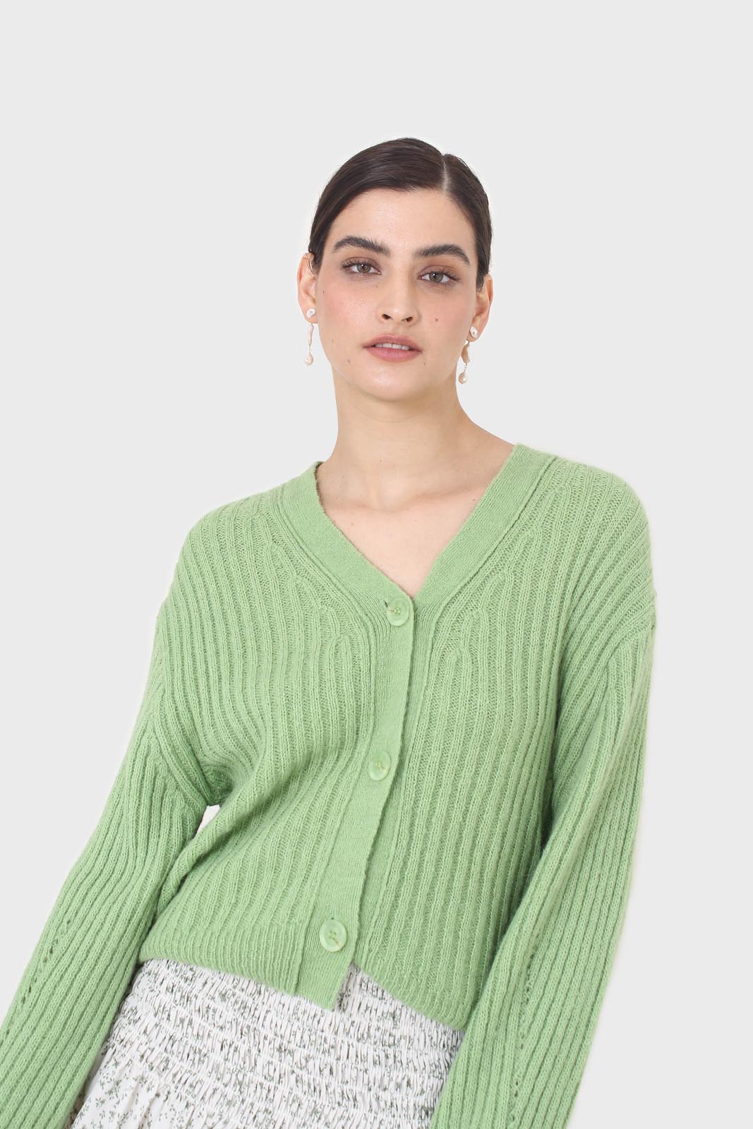 Green ribbed alpaca blend cardigan