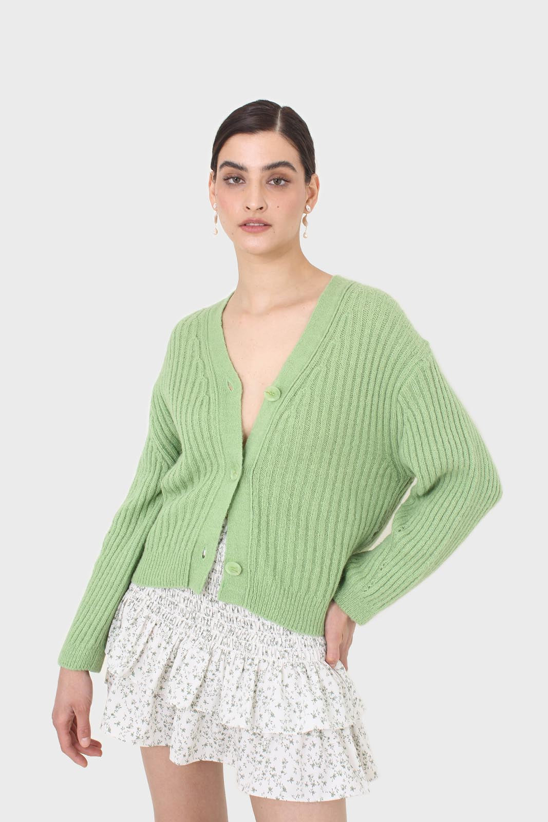Green ribbed alpaca blend cardigan
