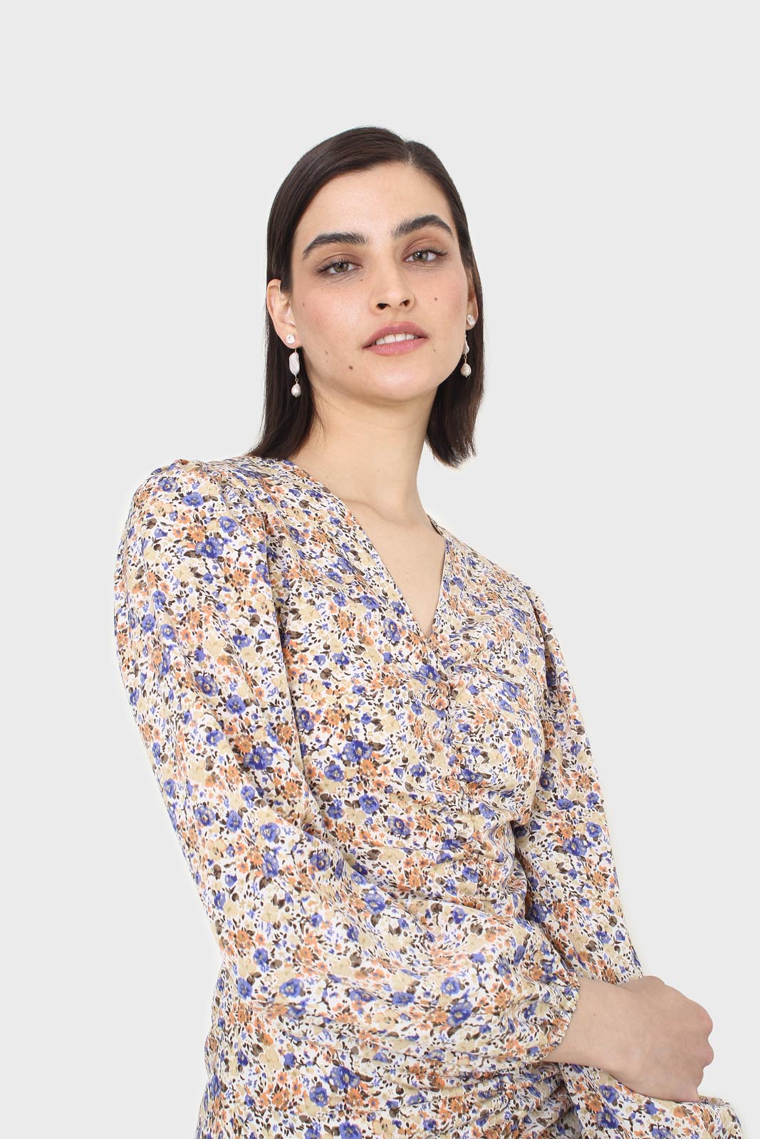 Ivory and orange floral ruched mini dress