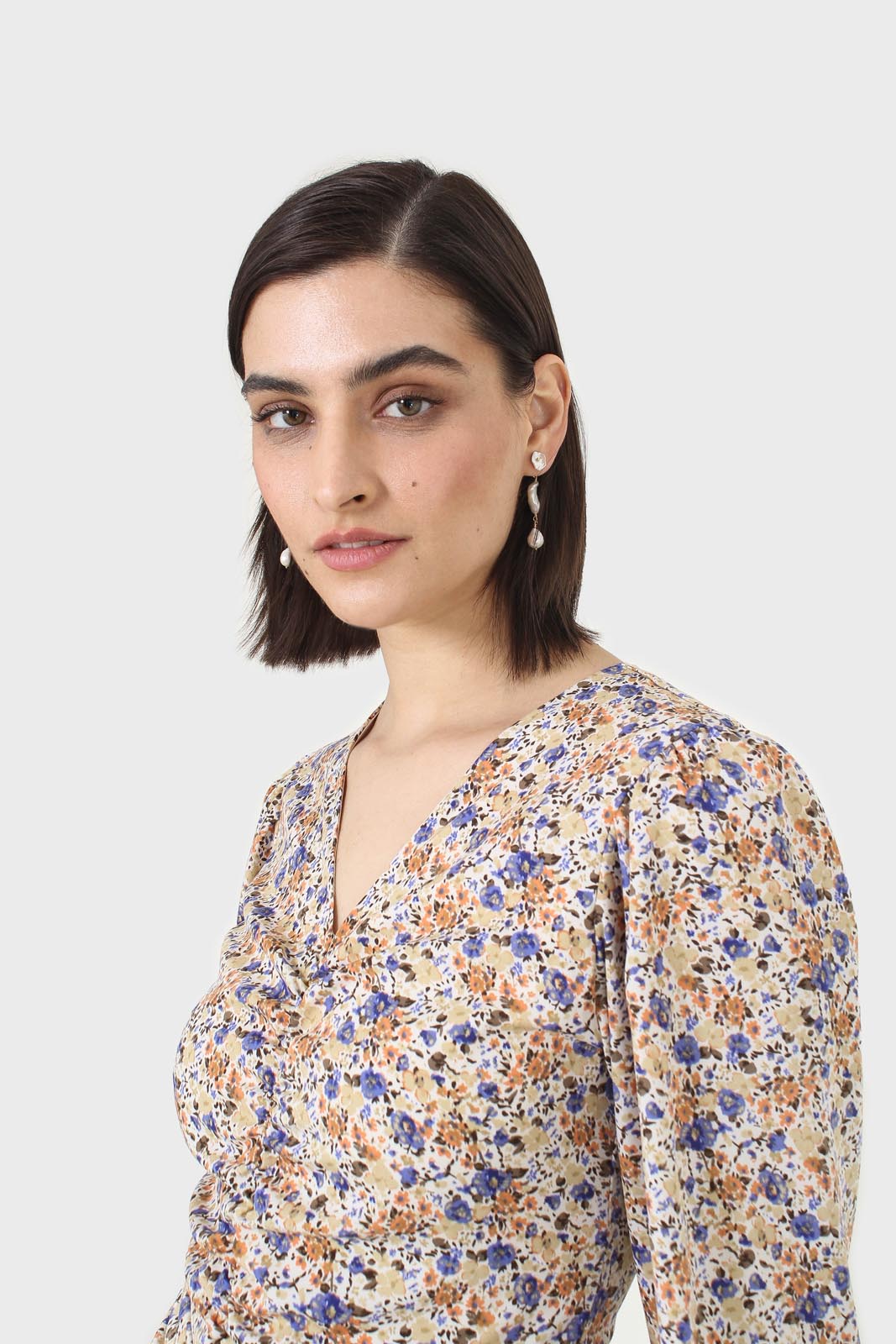 Ivory and orange floral ruched mini dress