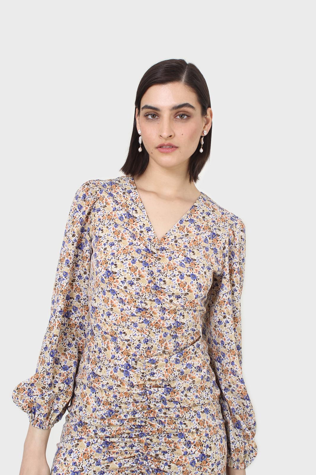Ivory and orange floral ruched mini dress