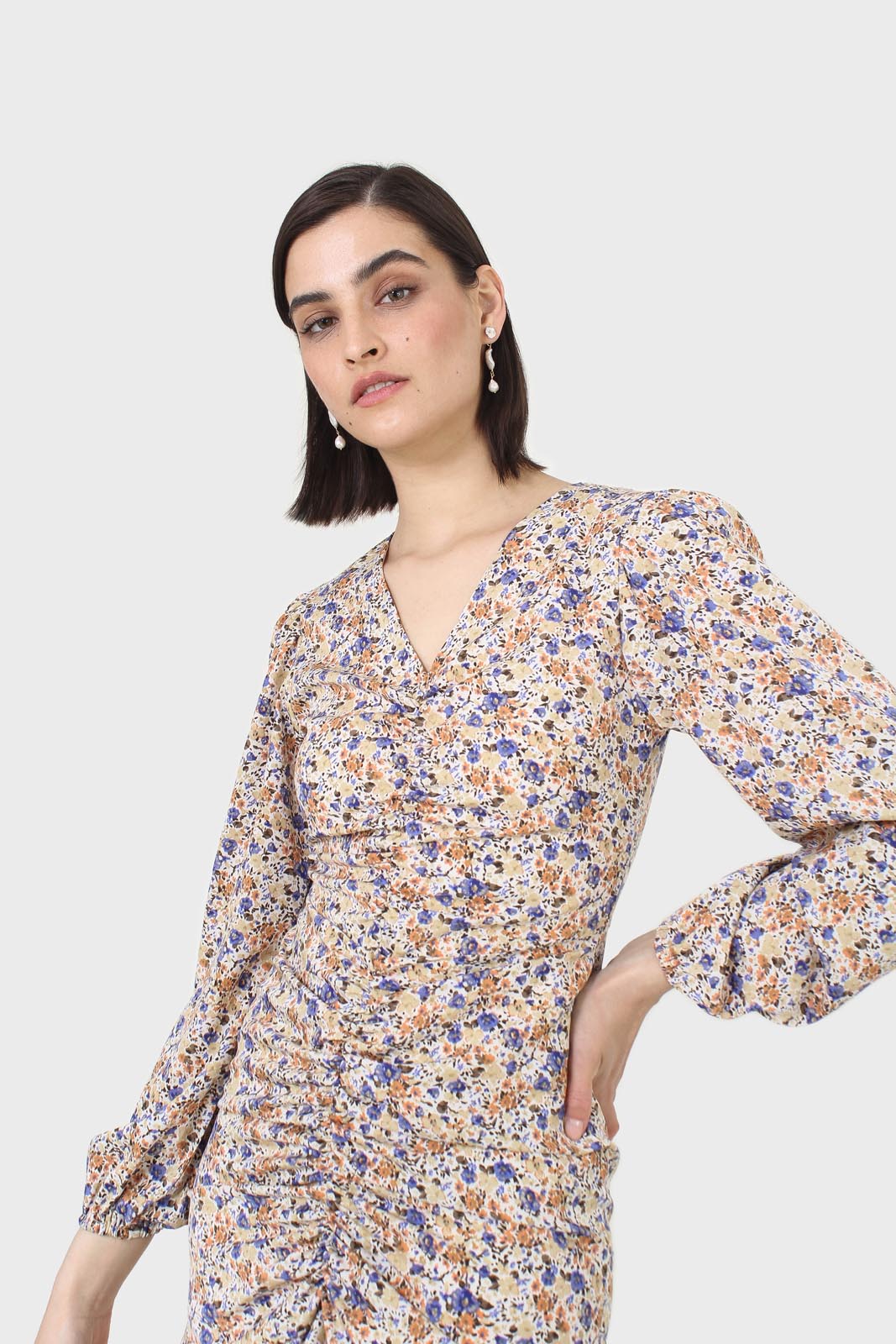 Ivory and orange floral ruched mini dress