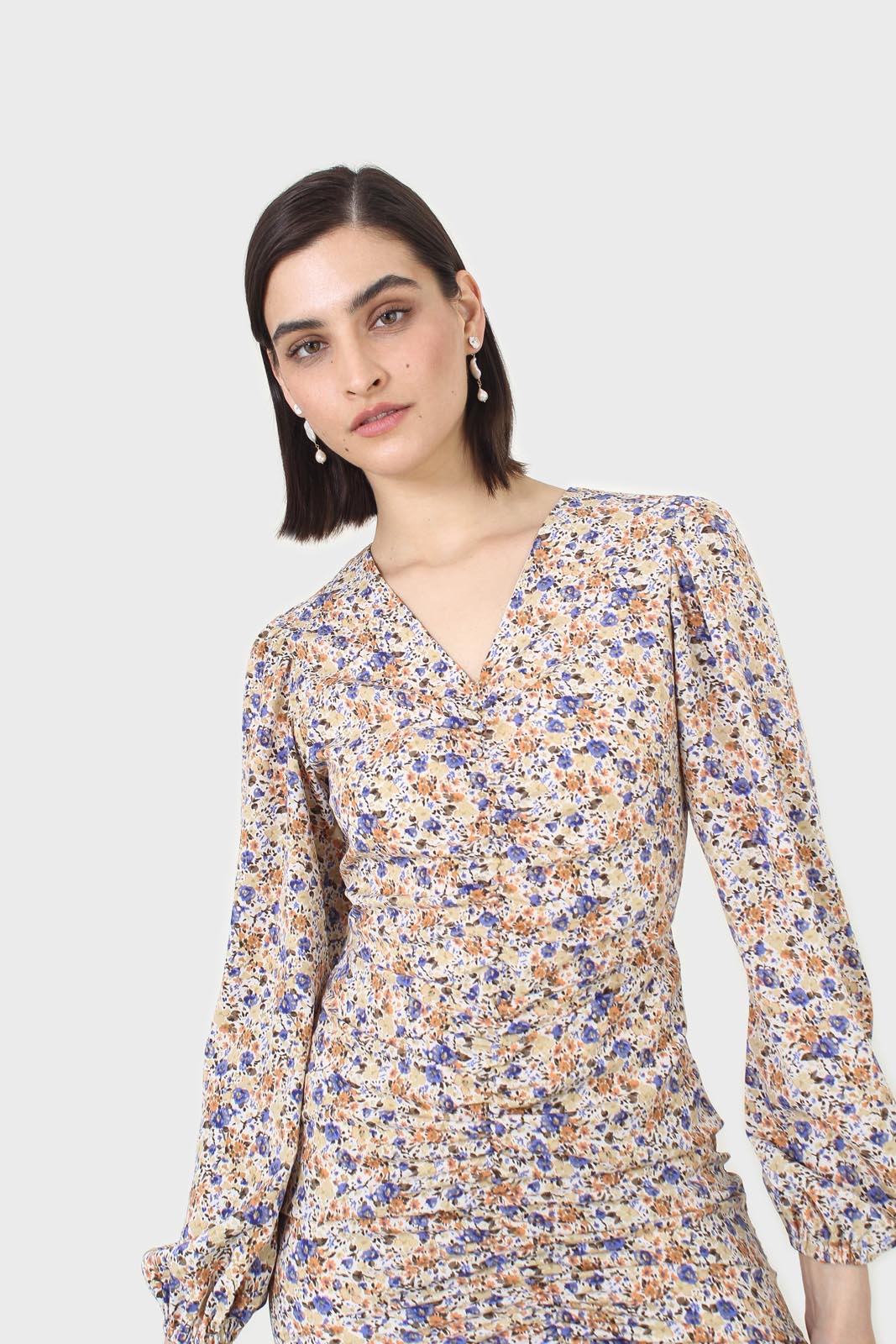 Ivory and orange floral ruched mini dress