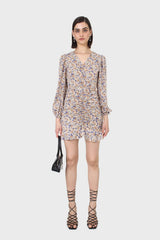 Ivory and orange floral ruched mini dress