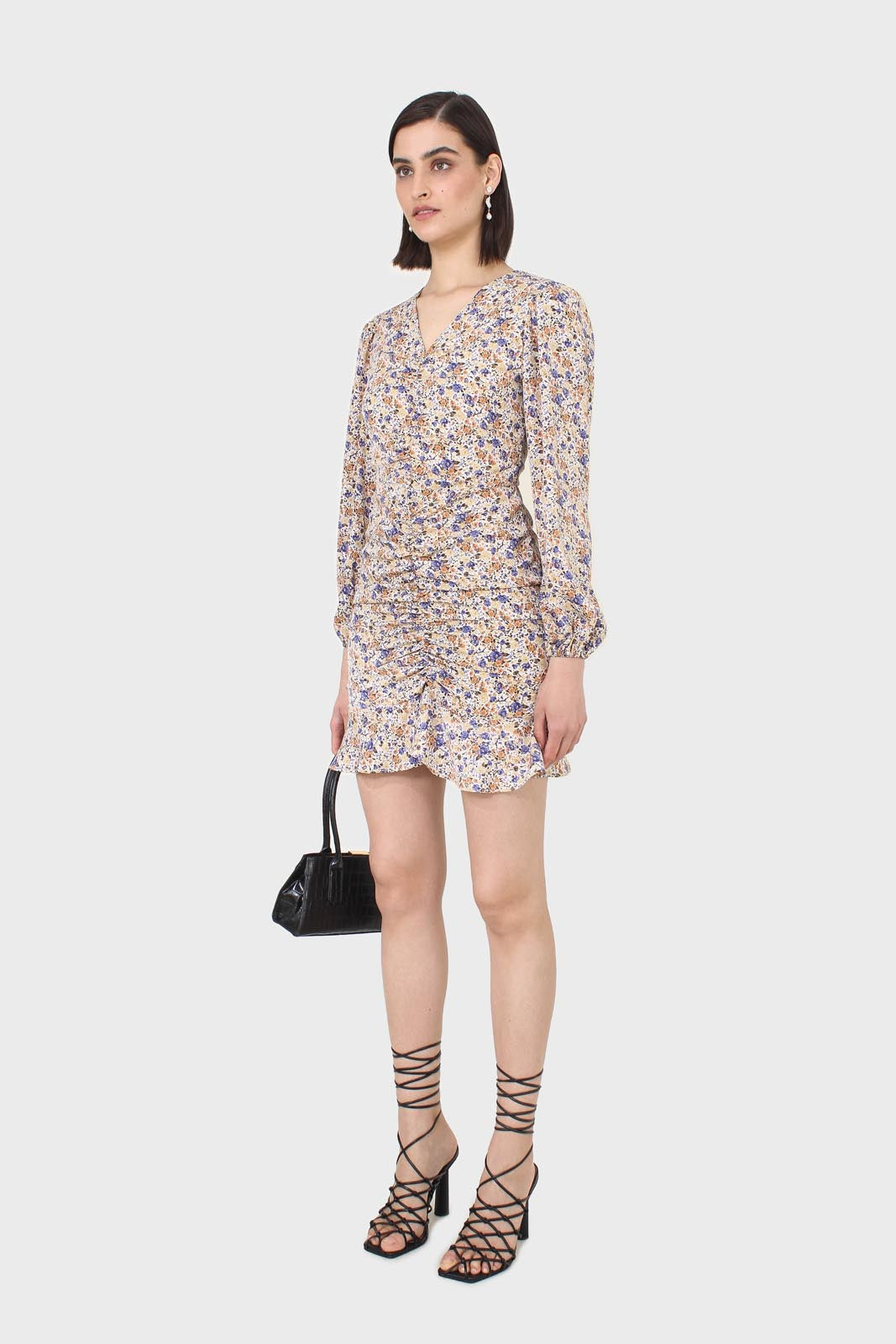 Ivory and orange floral ruched mini dress