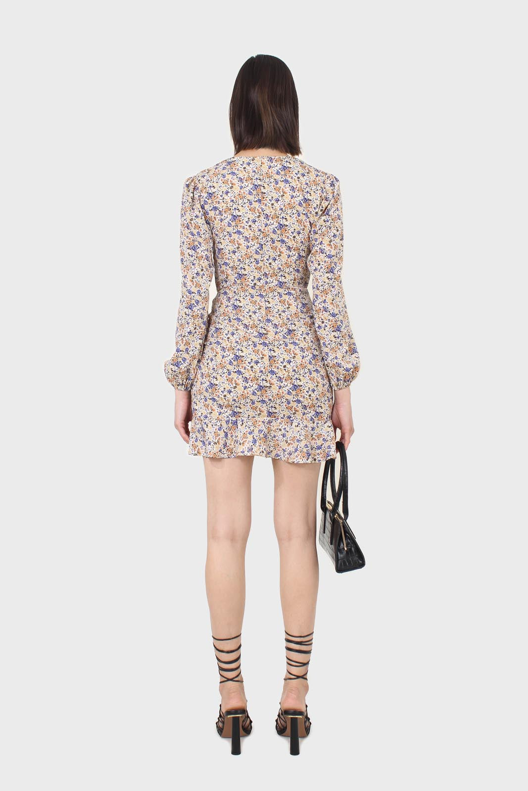 Ivory and orange floral ruched mini dress