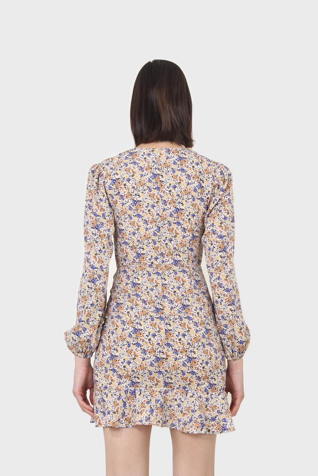 Ivory and orange floral ruched mini dress