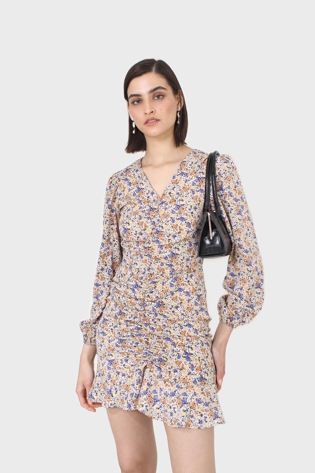 Ivory and orange floral ruched mini dress