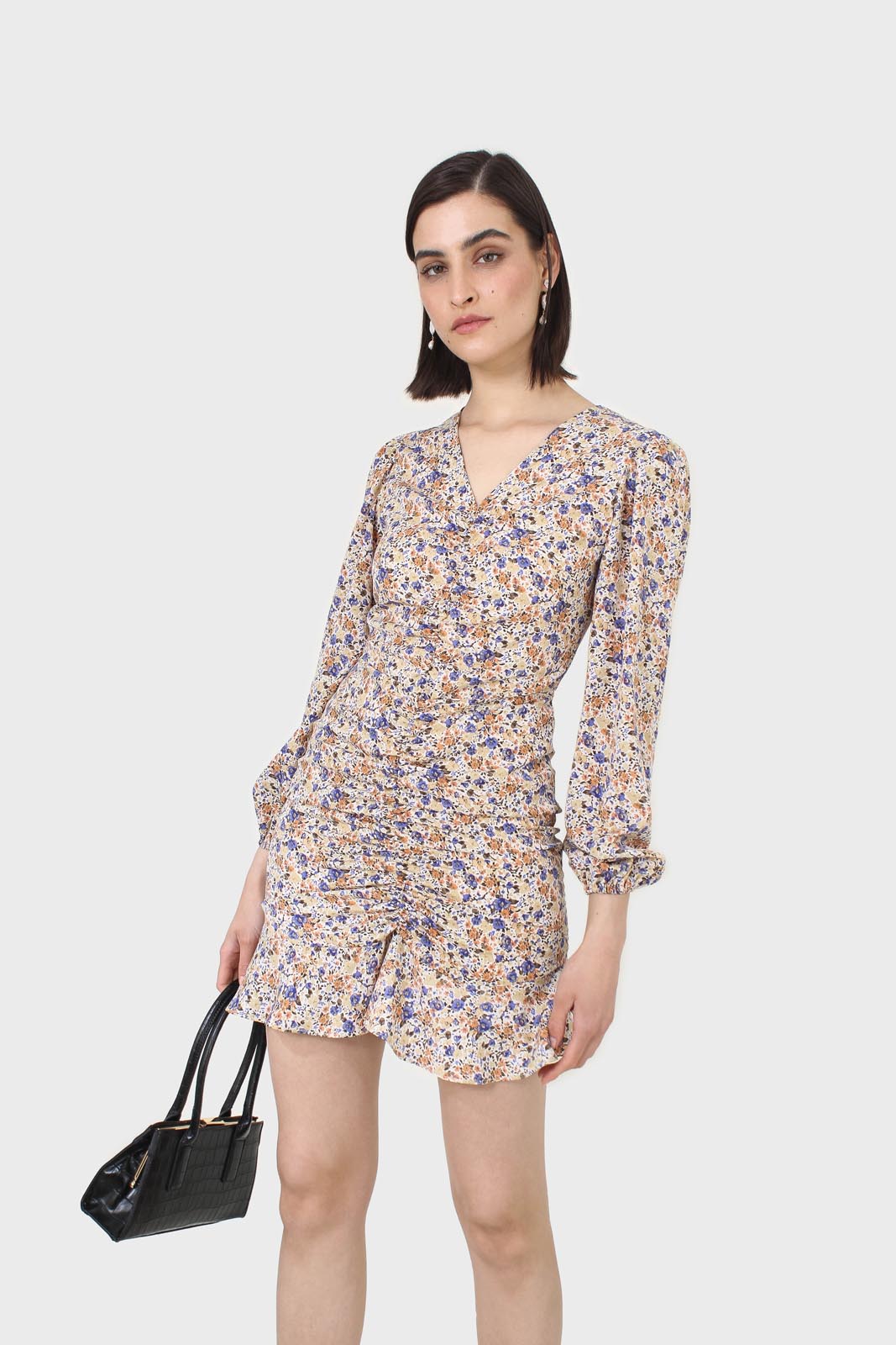 Ivory and orange floral ruched mini dress