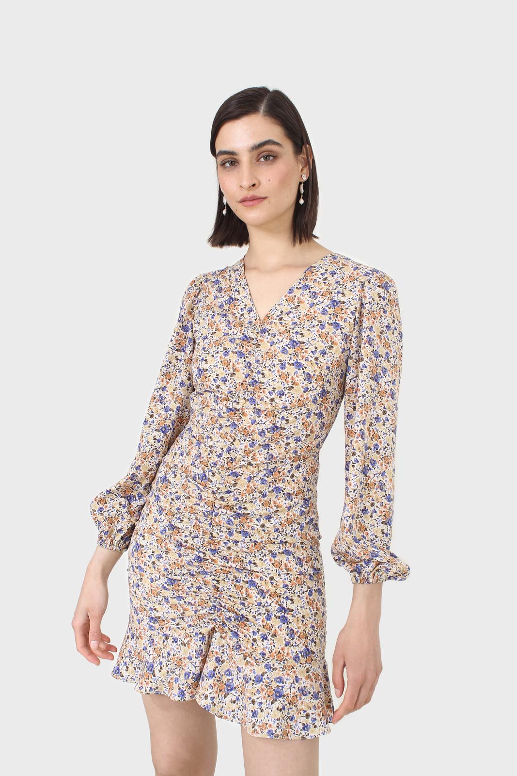 Ivory and orange floral ruched mini dress