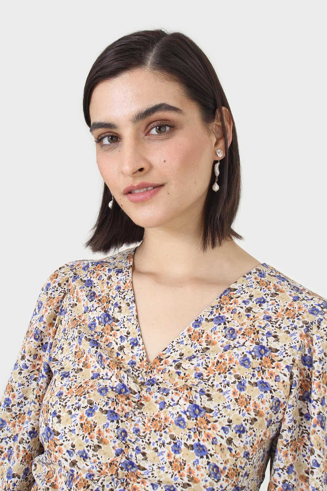 Ivory and orange floral ruched mini dress