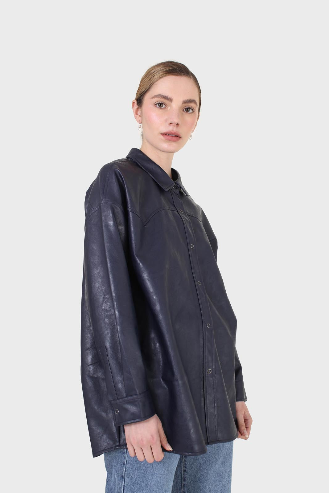 Navy vegan leather oversized shirt