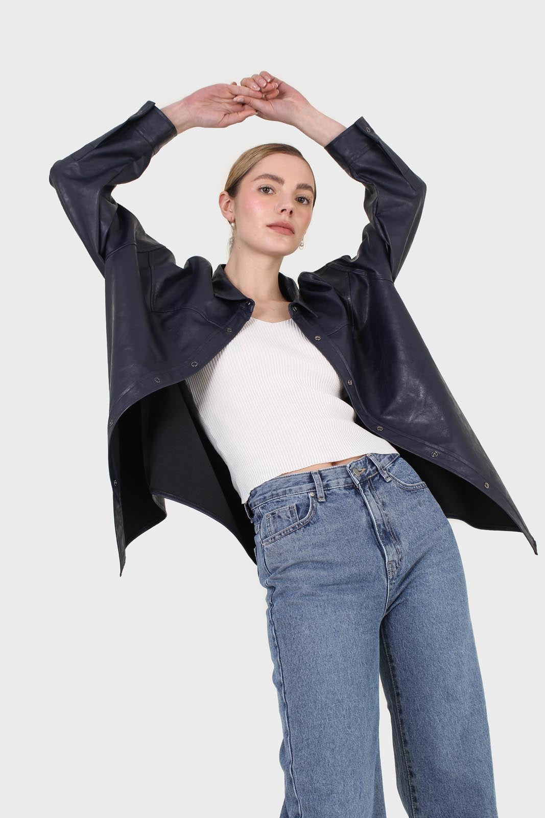Navy vegan leather oversized shirt