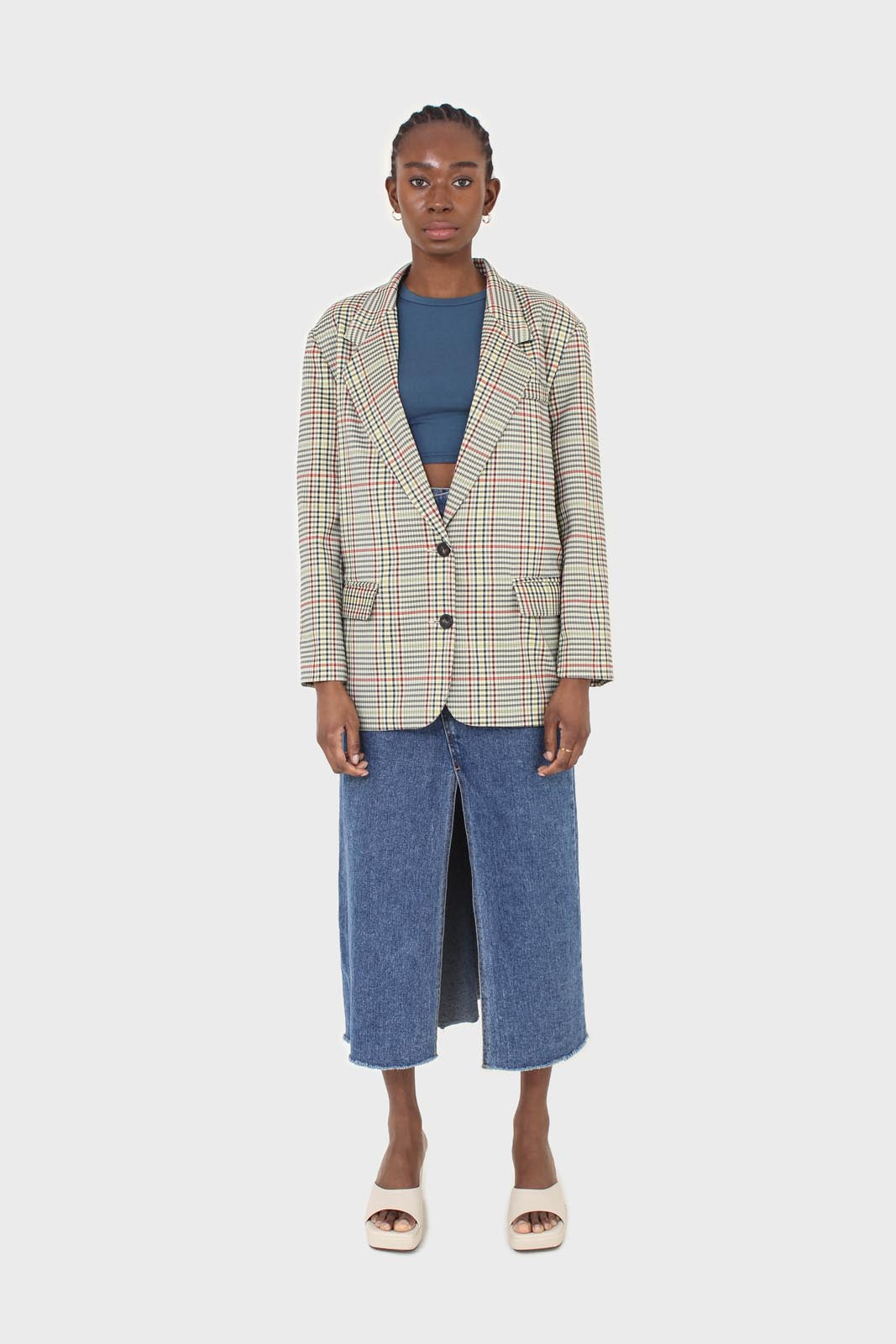 Pale yellow and red green oversized checked blazer