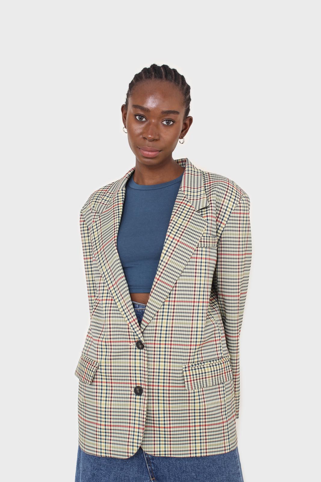 Pale yellow and red green oversized checked blazer