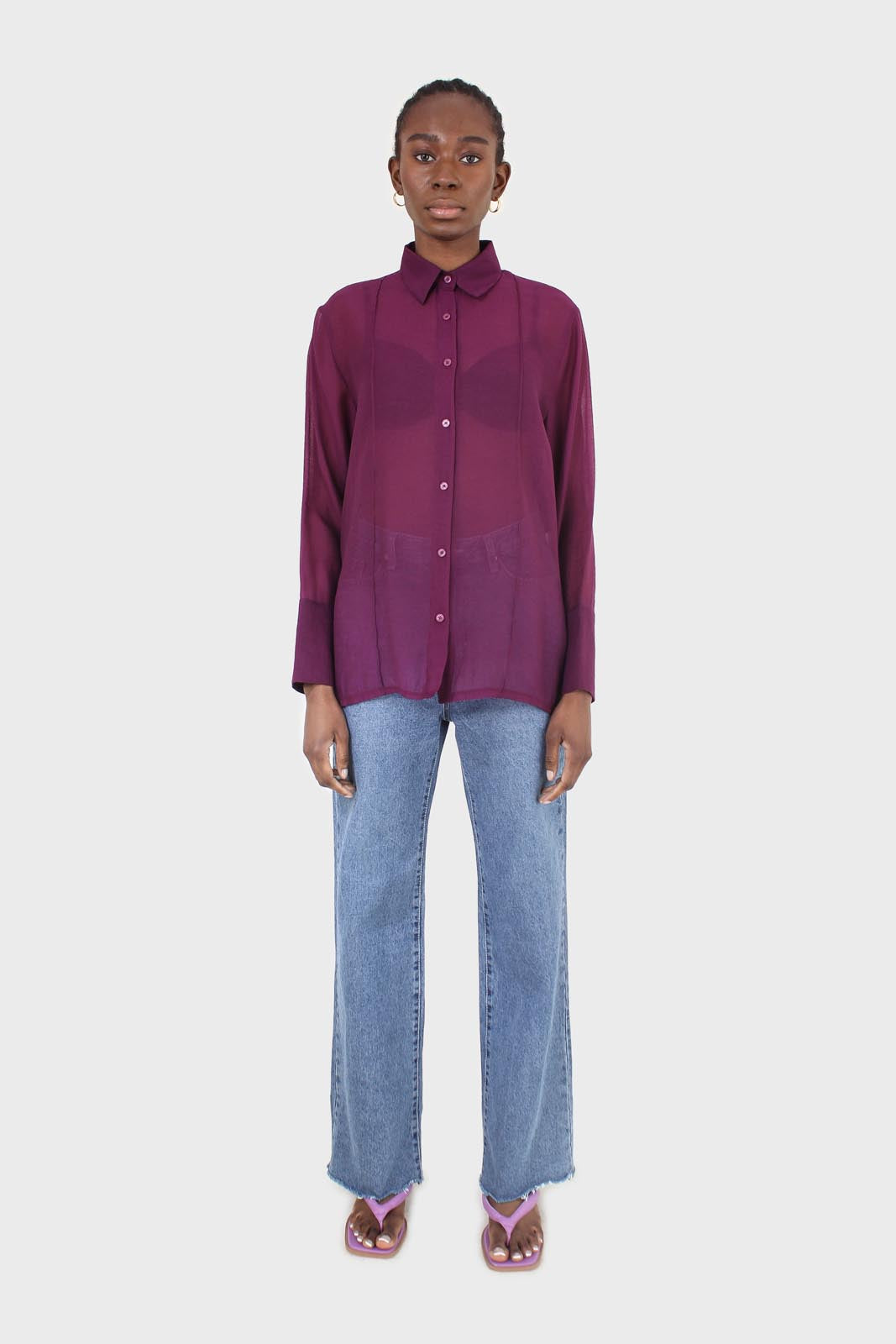 Purple pintuck sheer oversized long shirt