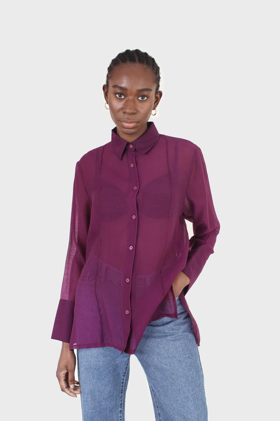 Purple pintuck sheer oversized long shirt