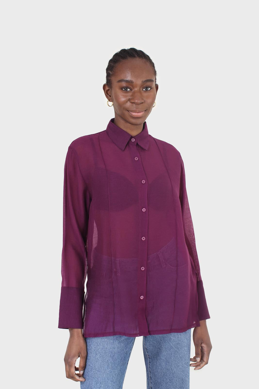 Purple pintuck sheer oversized long shirt