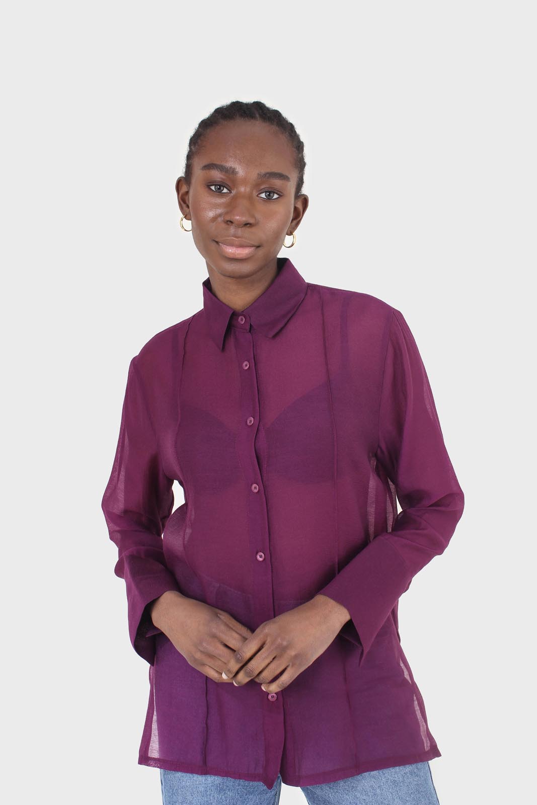 Purple pintuck sheer oversized long shirt