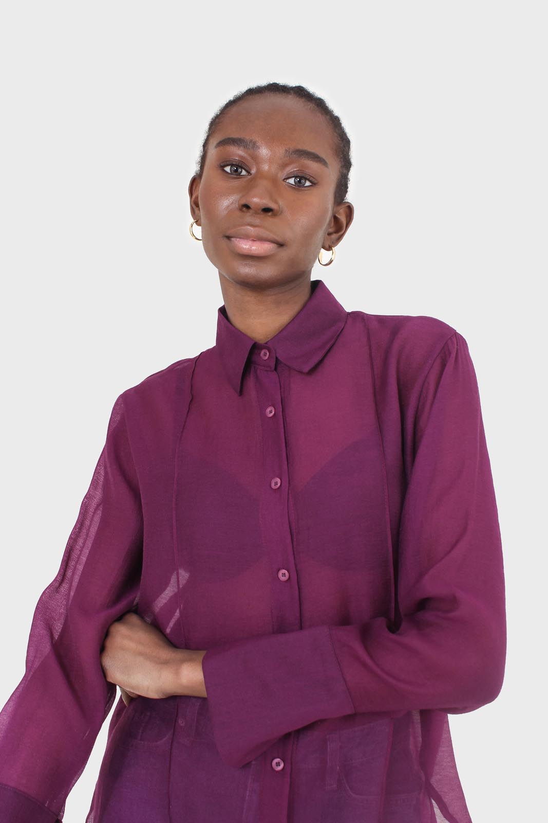 Purple pintuck sheer oversized long shirt