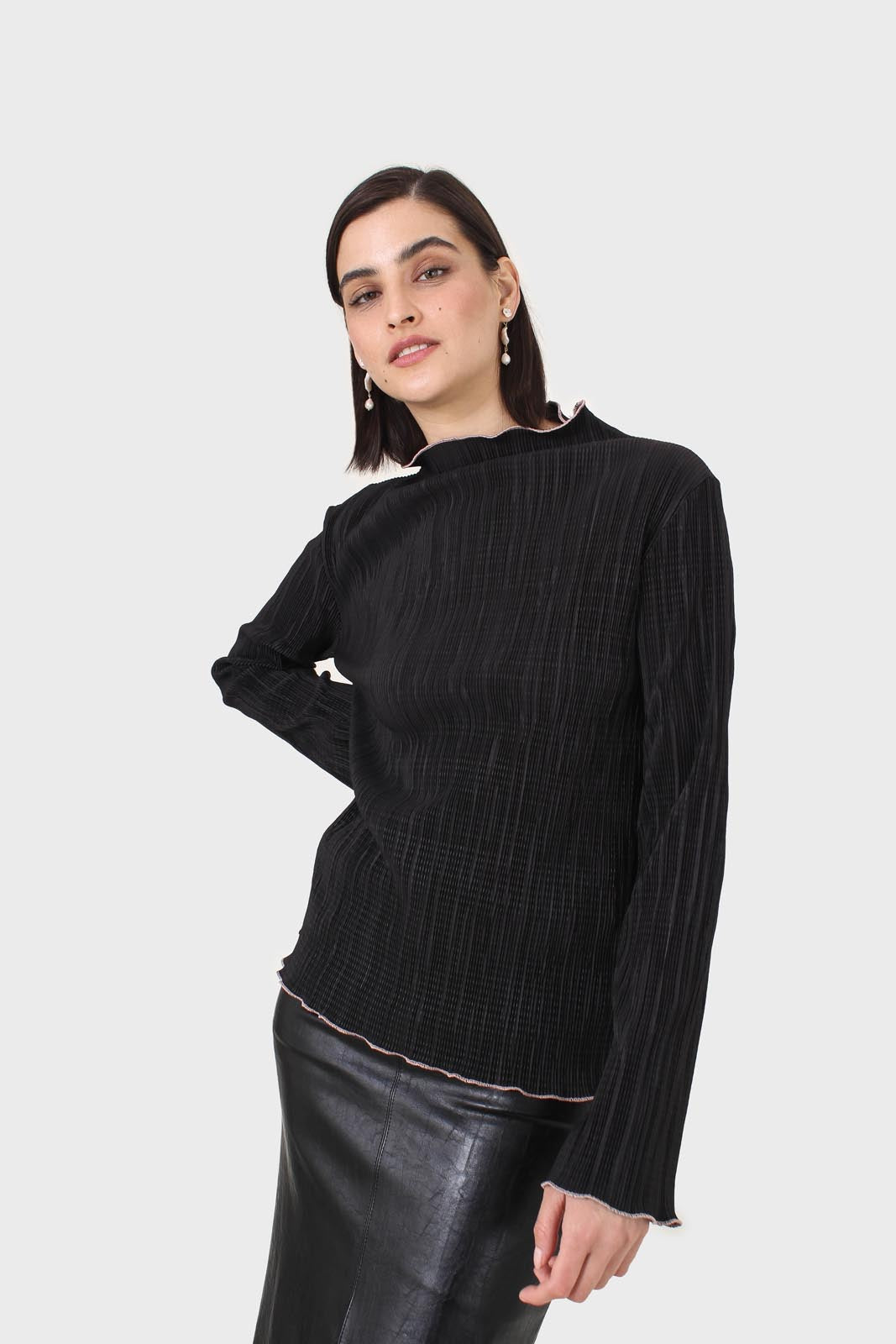 Black micro pleat pink contrast trim long sleeved top