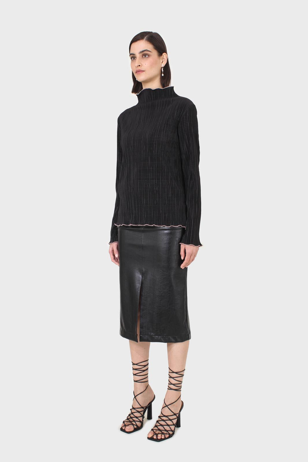 Black micro pleat pink contrast trim long sleeved top