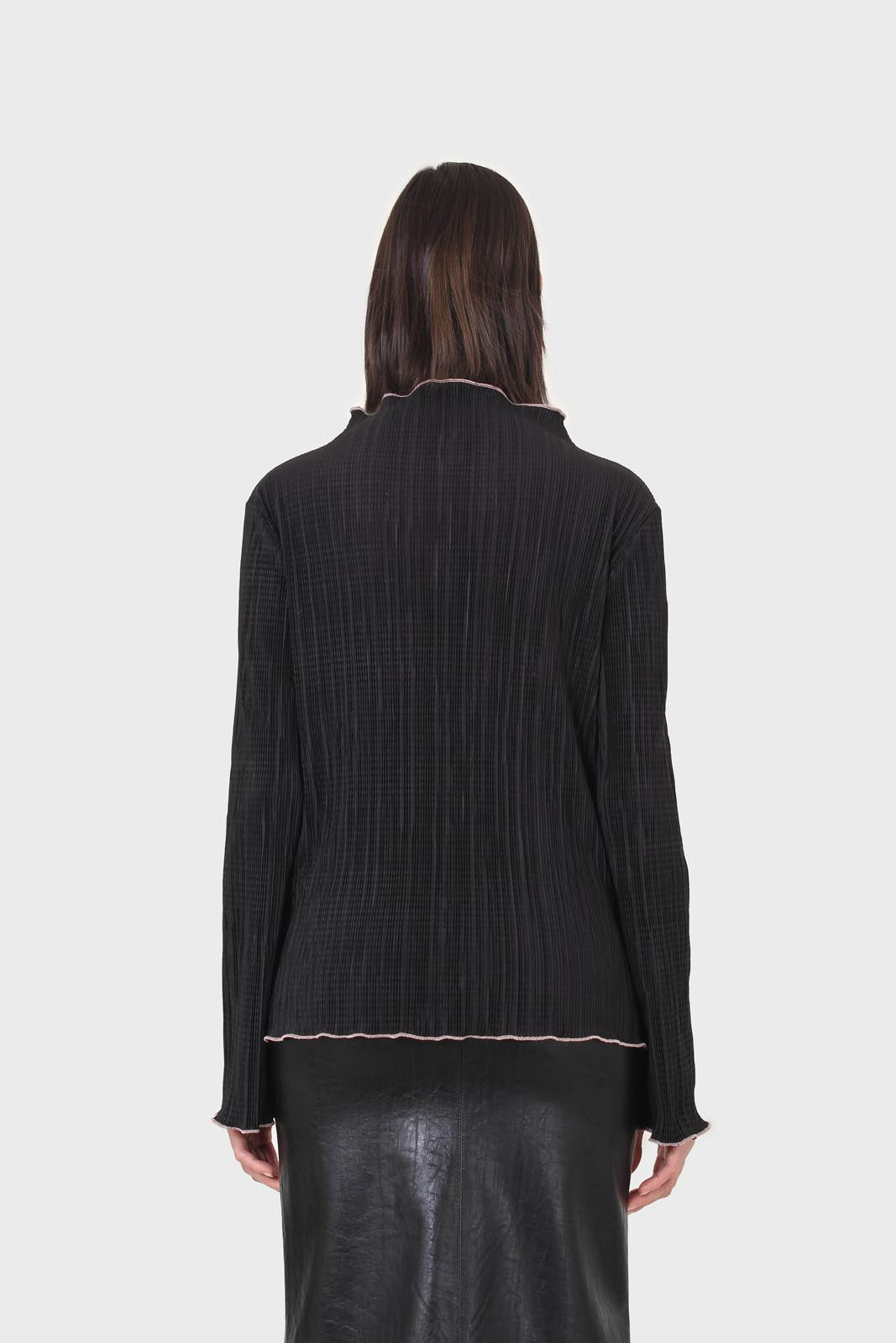 Black micro pleat pink contrast trim long sleeved top