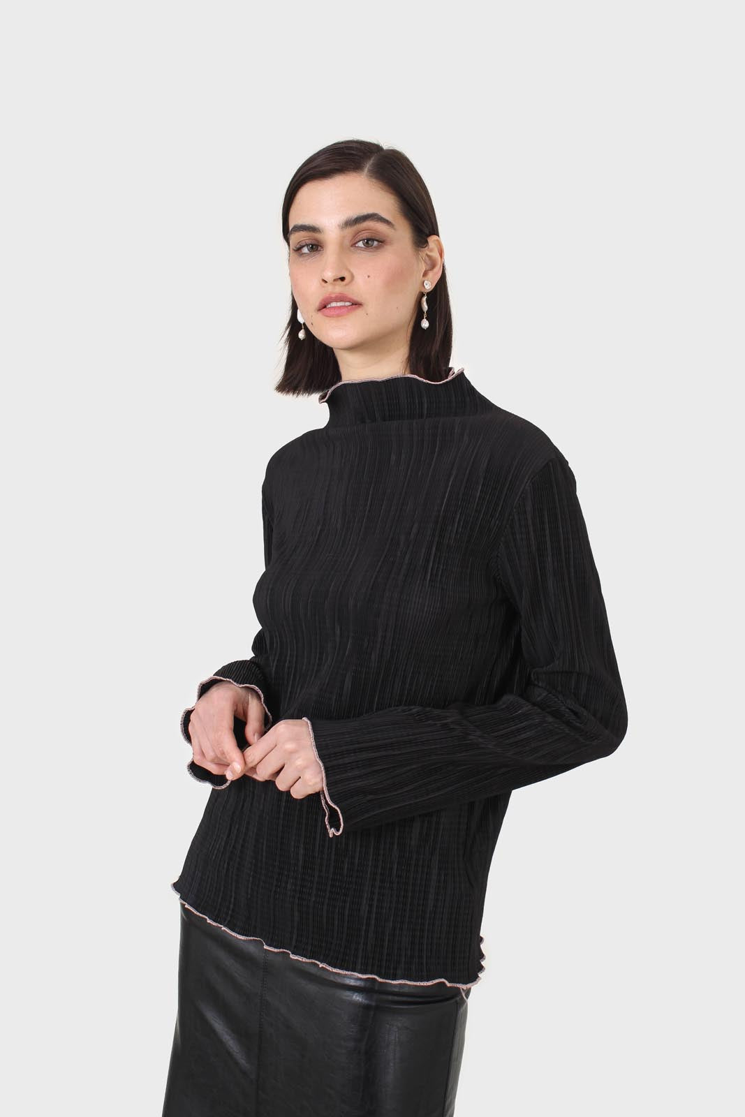 Black micro pleat pink contrast trim long sleeved top