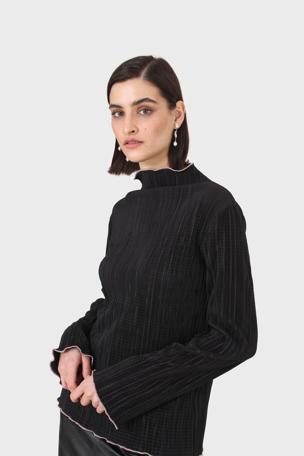 Black micro pleat pink contrast trim long sleeved top