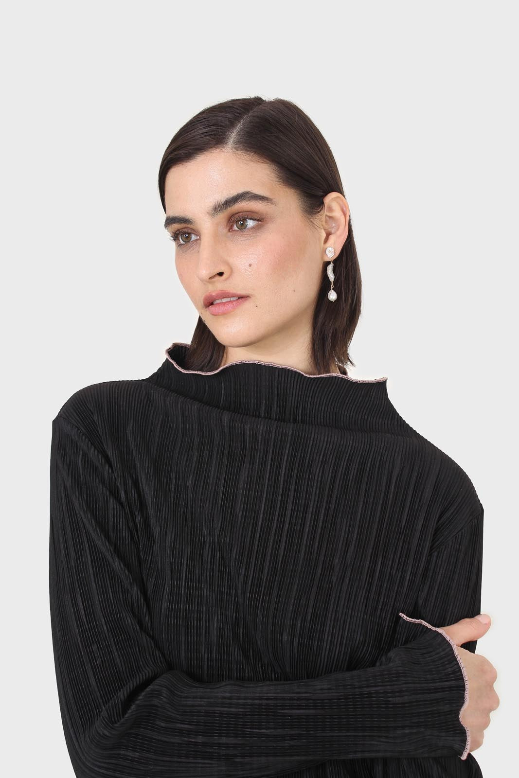 Black micro pleat pink contrast trim long sleeved top