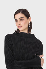 Black micro pleat pink contrast trim long sleeved top