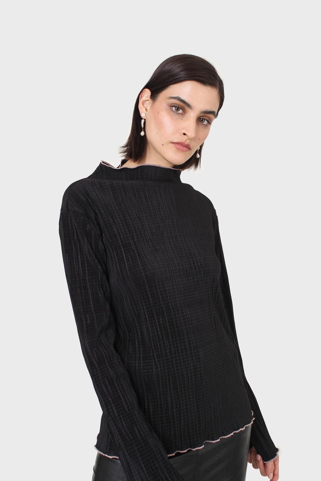Black micro pleat pink contrast trim long sleeved top