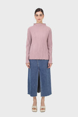 Pink micro pleat khaki contrast trim long sleeved top
