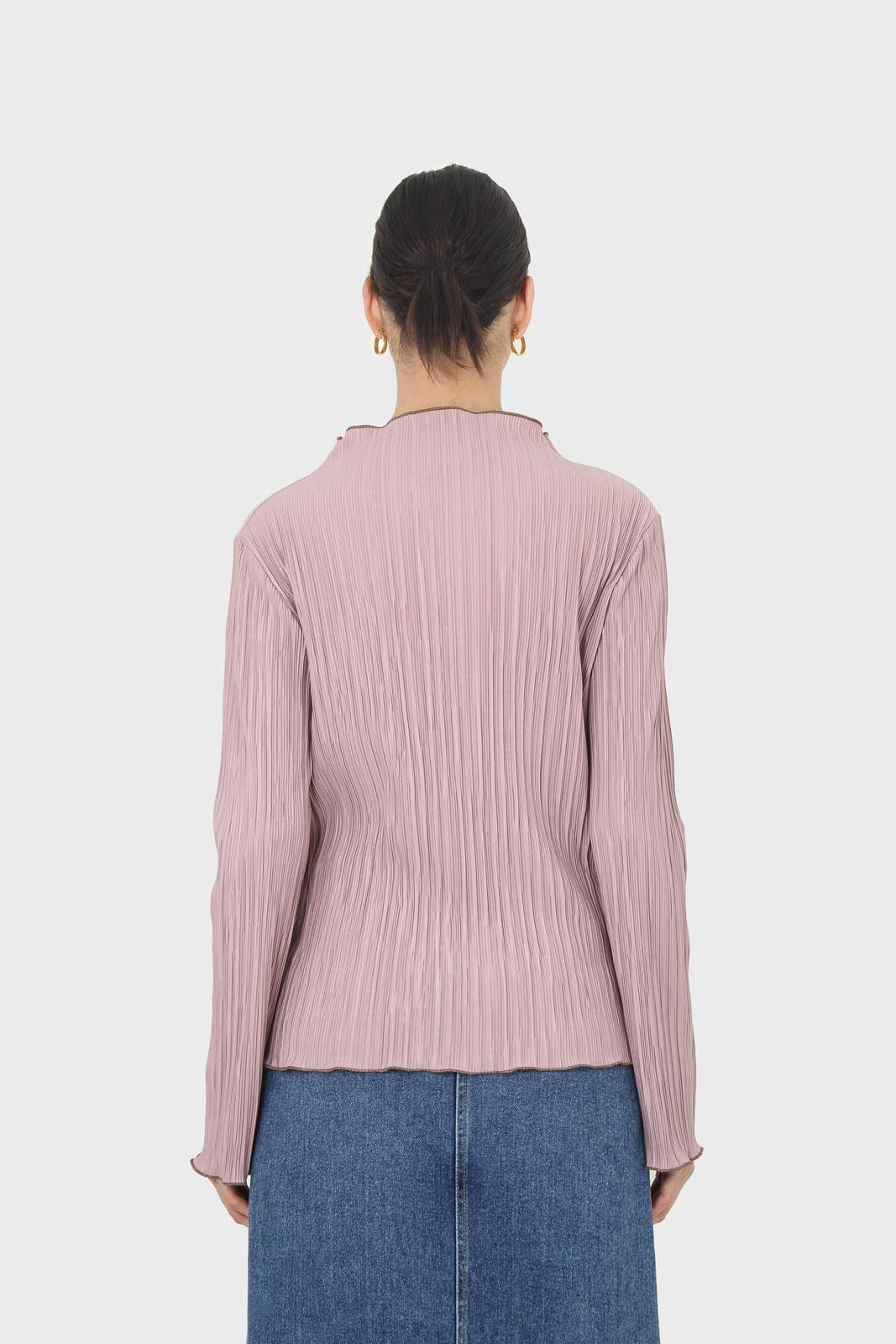 Pink micro pleat khaki contrast trim long sleeved top