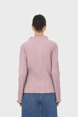 Pink micro pleat khaki contrast trim long sleeved top