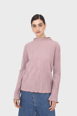 Pink micro pleat khaki contrast trim long sleeved top