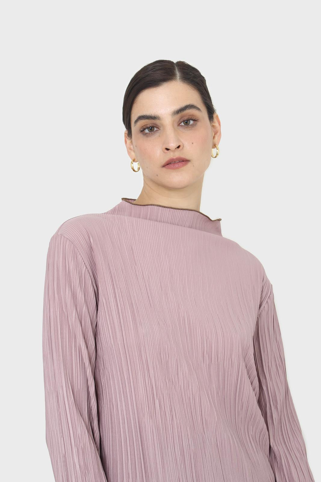 Pink micro pleat khaki contrast trim long sleeved top