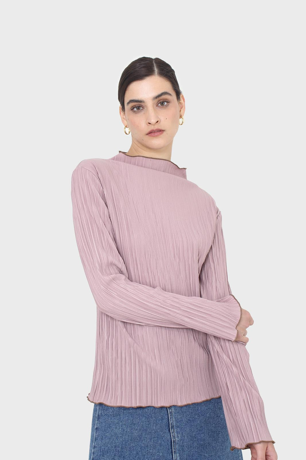 Pink micro pleat khaki contrast trim long sleeved top