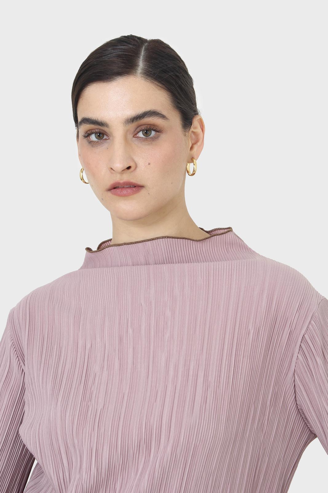 Pink micro pleat khaki contrast trim long sleeved top